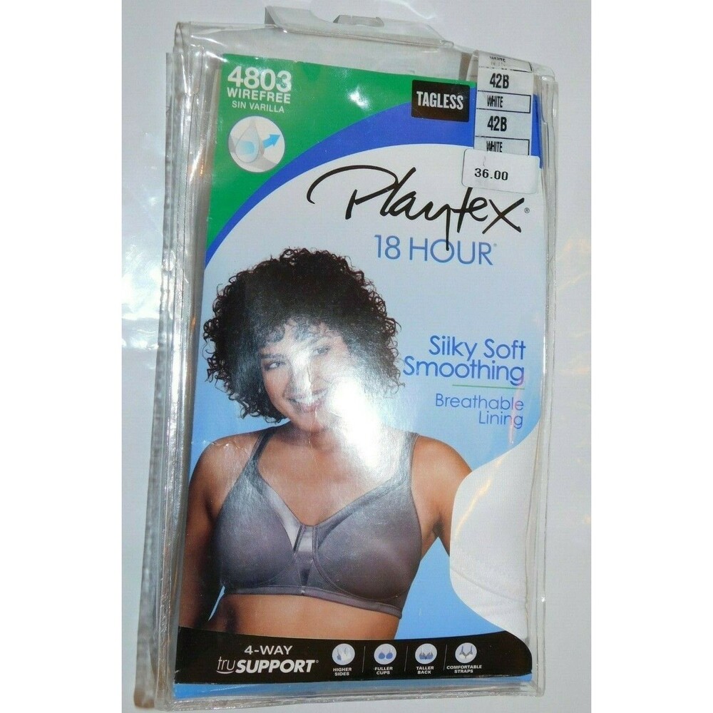 Playtex 18-Hour Bra White Silky Soft Smoothing Wirefree Style 4803 Size 42B